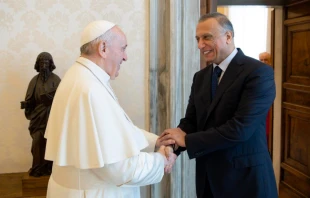 Pope Francis meets with Iraqi Prime Minister Mustafa al-Kadhimi at the Vatican, July 2, 2021. Vatican Media.